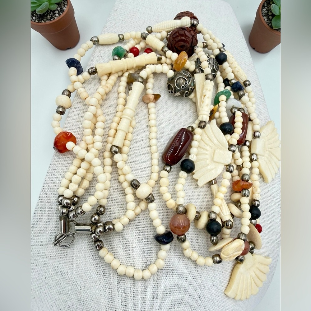 VTG 4 Strand Carved Bone Bead Necklace Jasper Carnelian Sodalite Agate Boho 24” - Picture 8 of 17